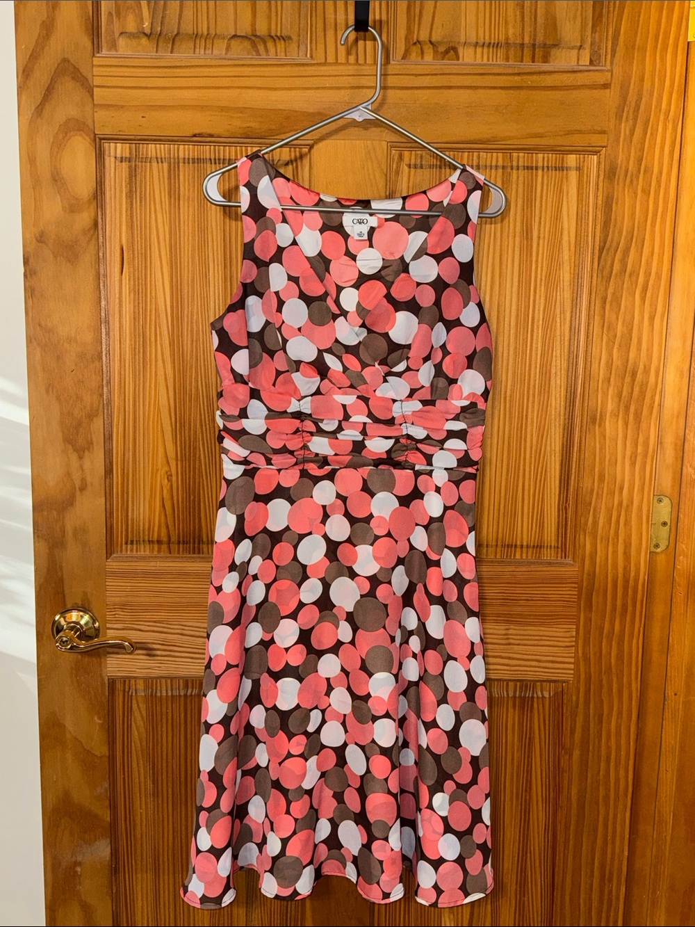 Cato Polka Dot Sleeveless Midi Dress in Brown, Coral & White